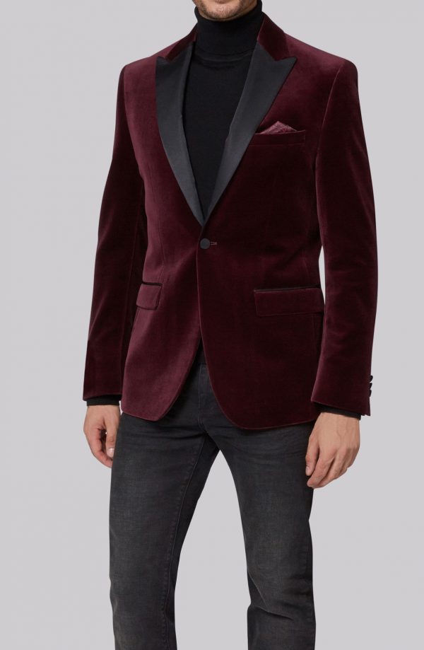 Burgundy velvet suit jacket slim fit with black silk satin peak lapels.