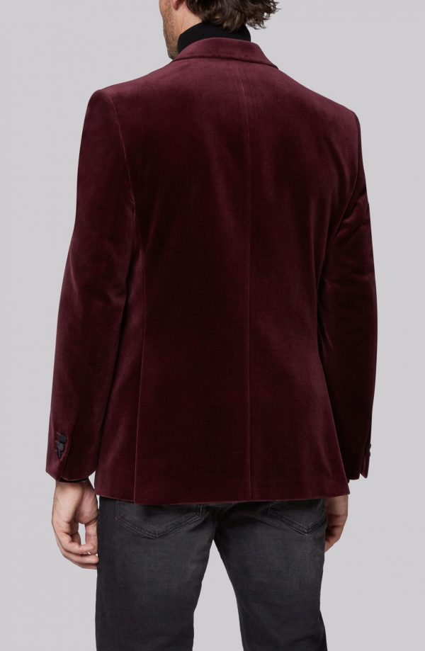 Burgundy velvet suit jacket slim fit with black silk satin peak lapels. Full back view.