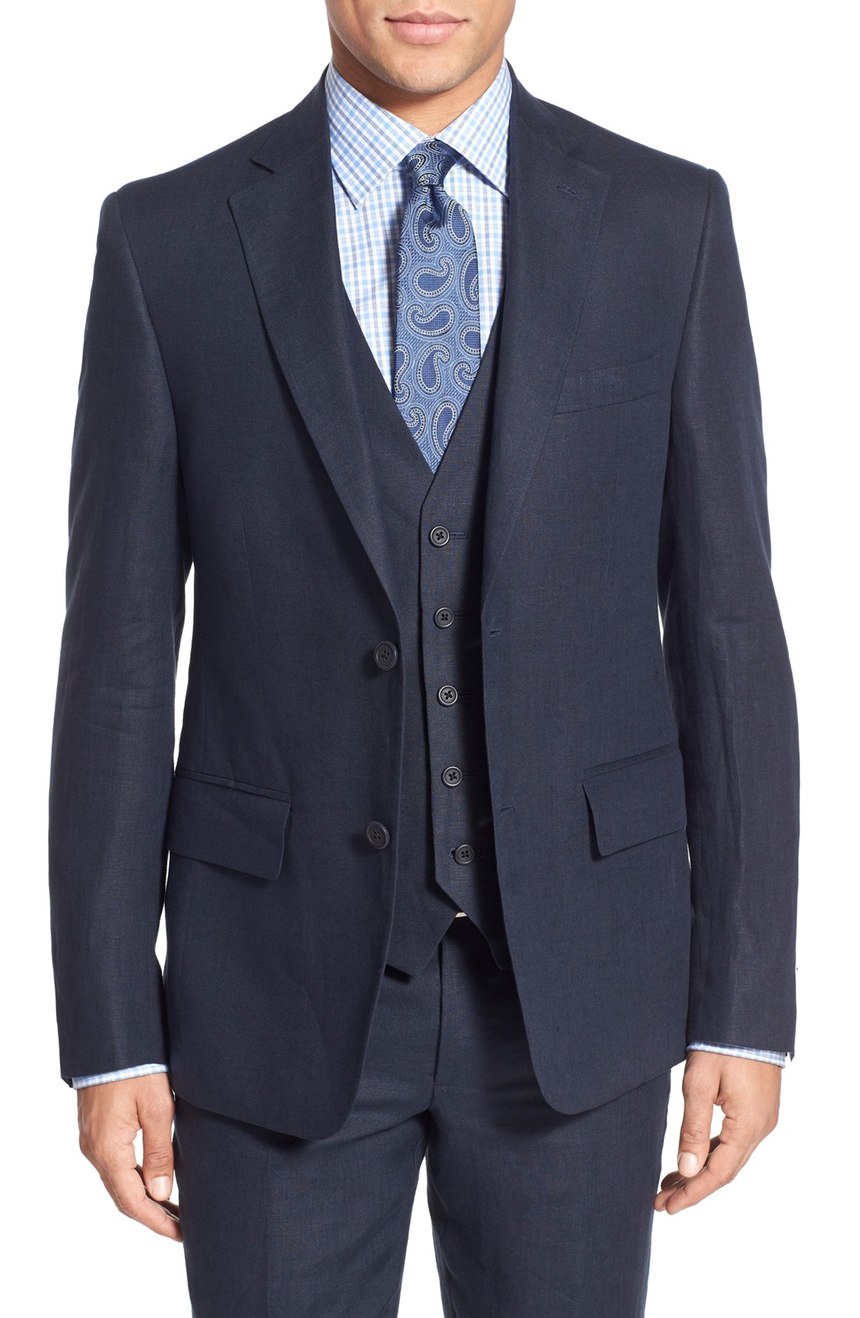 Linen wedding suit for grooms, jacket's front view.