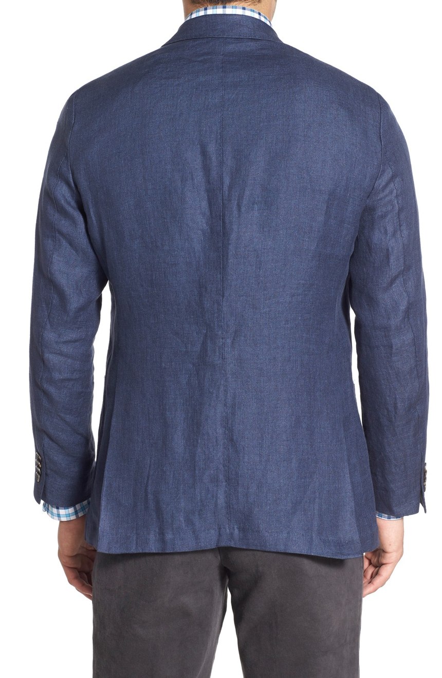 Mens cotton-linen blazer with patch pockets. A full-back view.