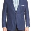 Mens cotton-linen blazer with patch pockets. A full front view.