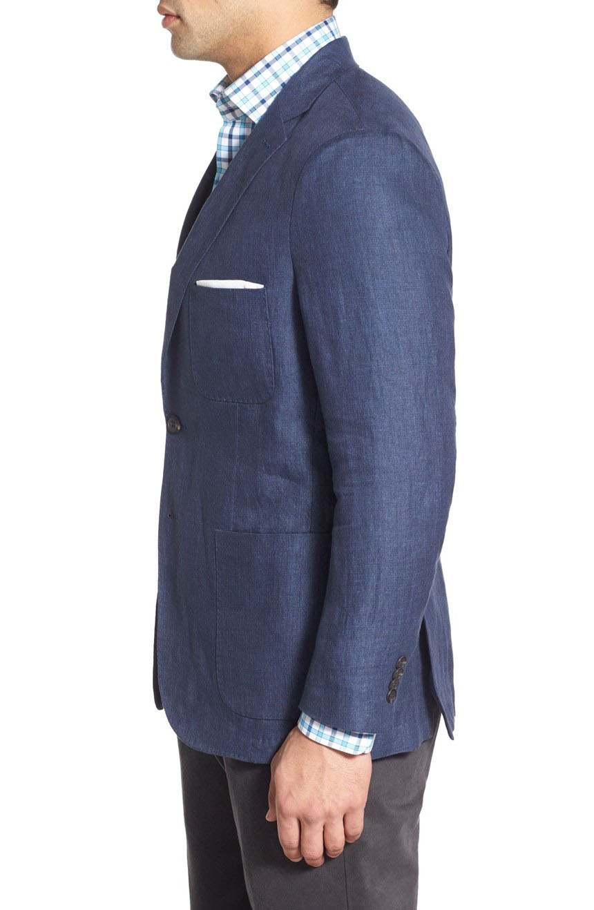 Mens cotton-linen blazer with patch pockets. A full side view.