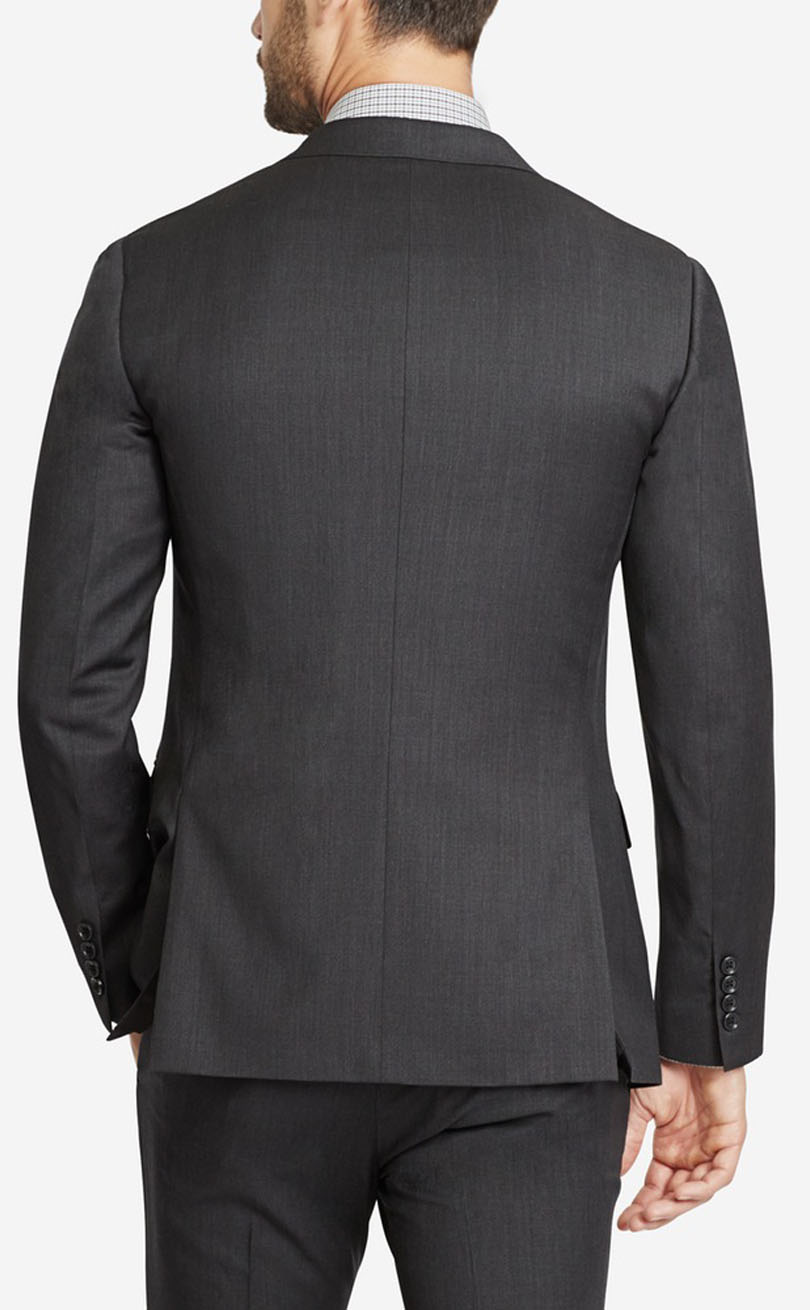 Men's dark grey notch lapel 3 pieces suit jacket back view.
