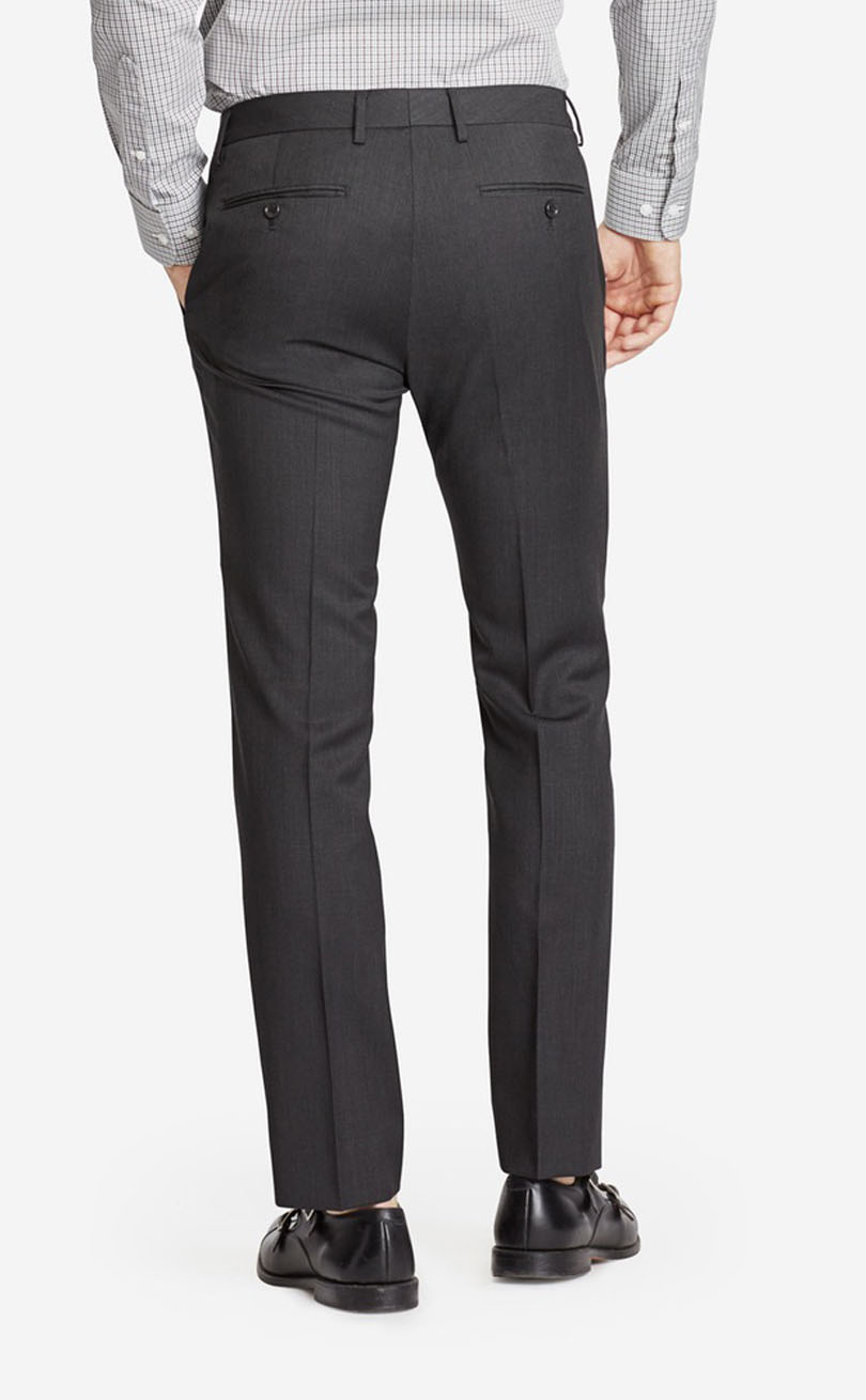 Men's dark grey notch lapel 3 pieces suit pants back view.