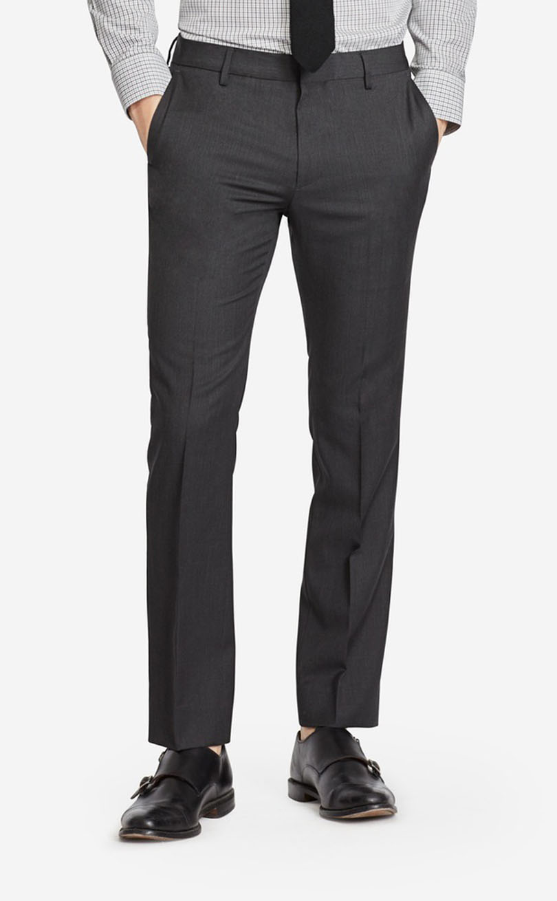 Men's dark grey notch lapel 3 pieces suit pants front view.
