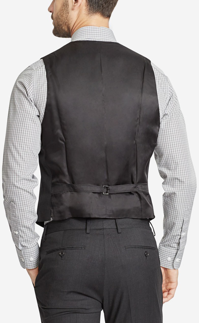 Men's dark grey notch lapel 3 pieces suit vest back view.