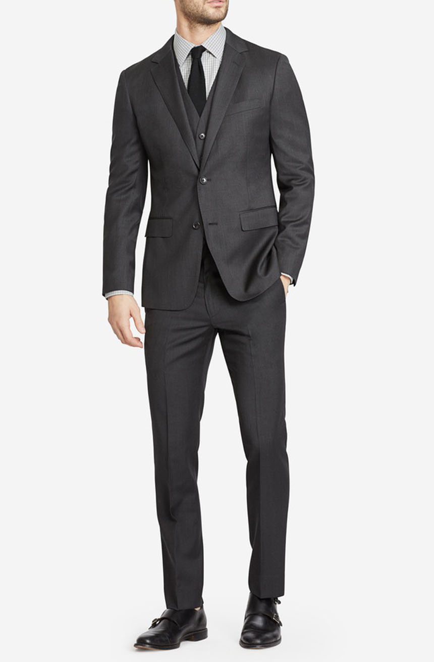 Men's dark grey notch lapel 3 pieces suit full front view.