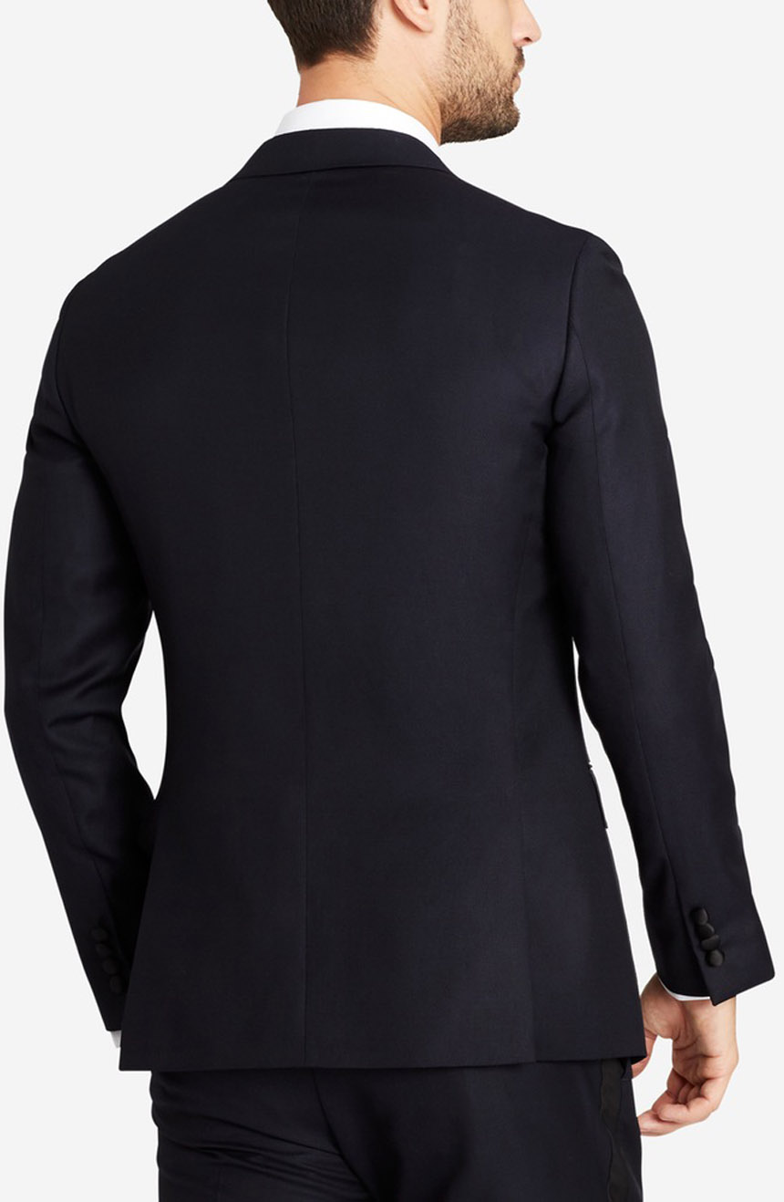 Slim fit Peak lapel tuxedo suit jacket back view.