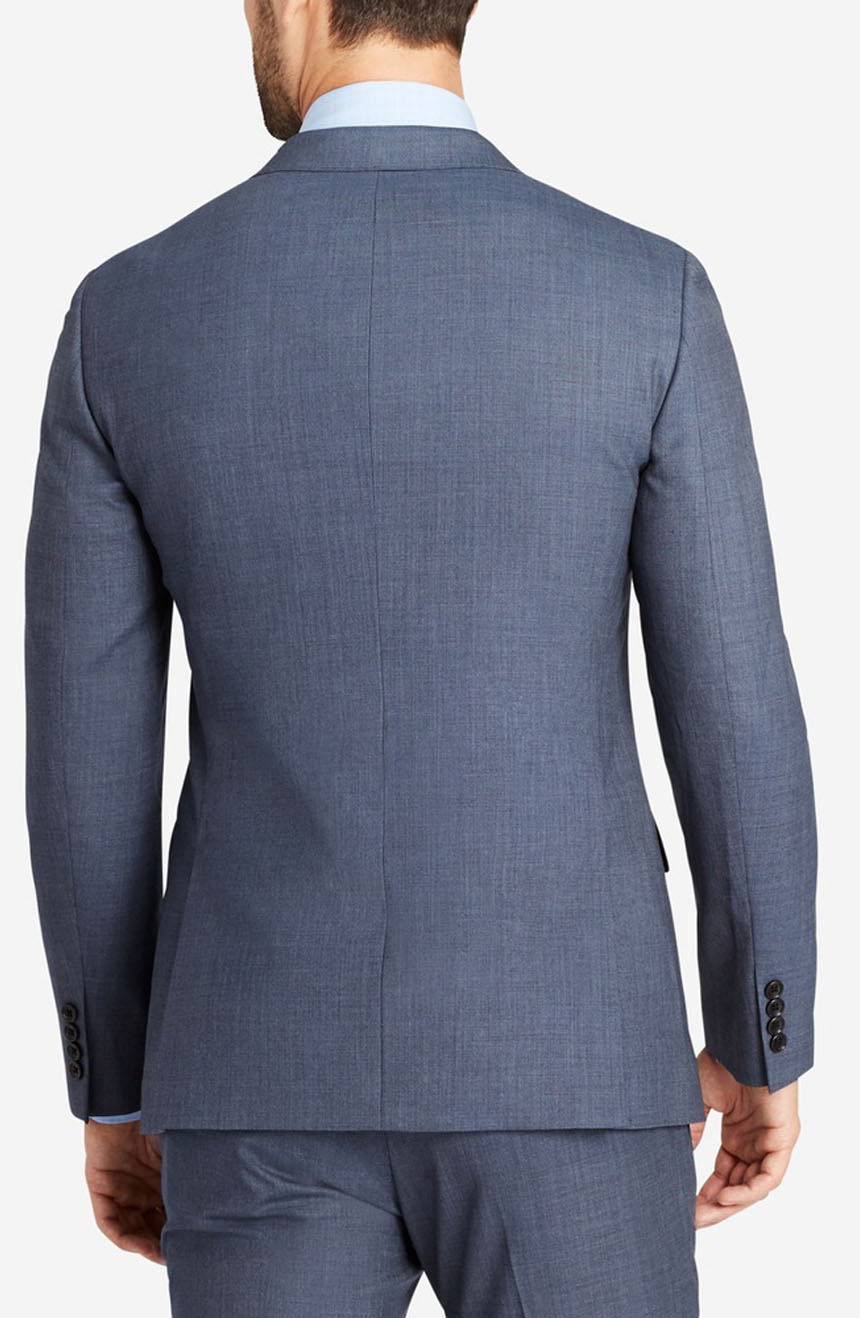 Slate blue wedding suit for men with 2 side vents, a close-up rearview.