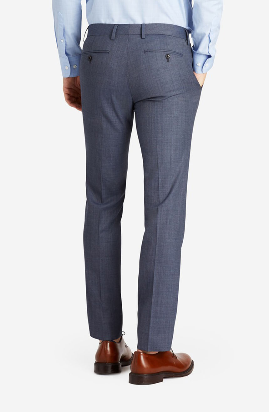 Slate blue wedding suit pants for men with two back button closure pockets, a full back view.