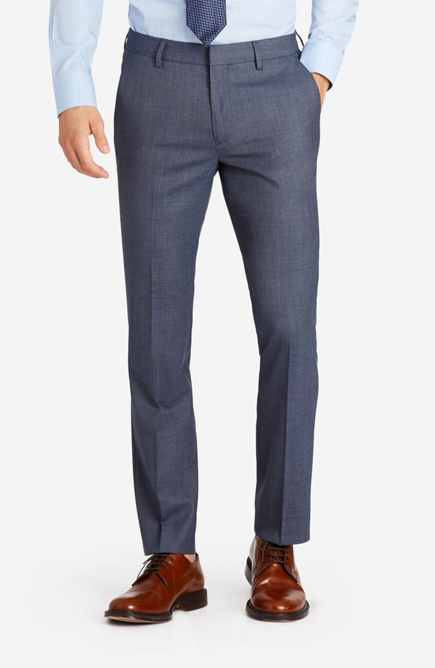 Slate blue wedding suit pants for men with hook closure and belt loops, a full front view.