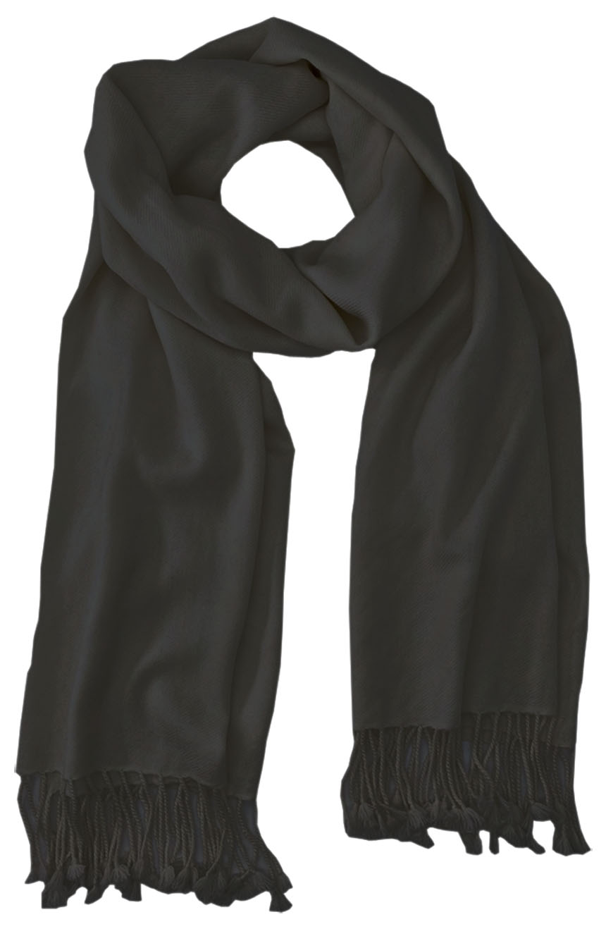Black cashmere pashmina and silk blend full-size shawl in single-ply twill weave with 3 inches tassel. 