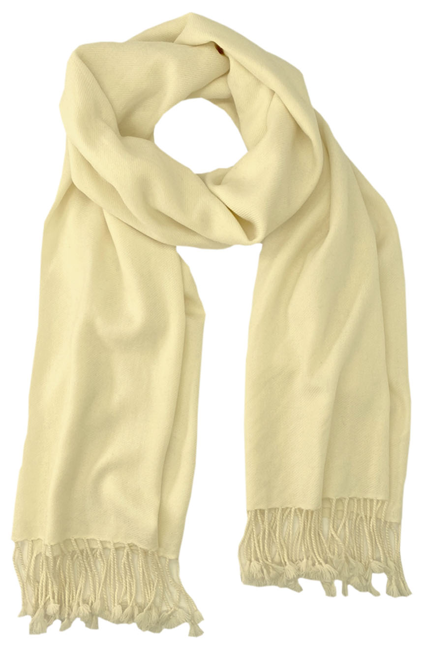 Ivory cashmere pashmina and silk blend full-size shawl in single-ply twill weave with 3 inches tassel. 