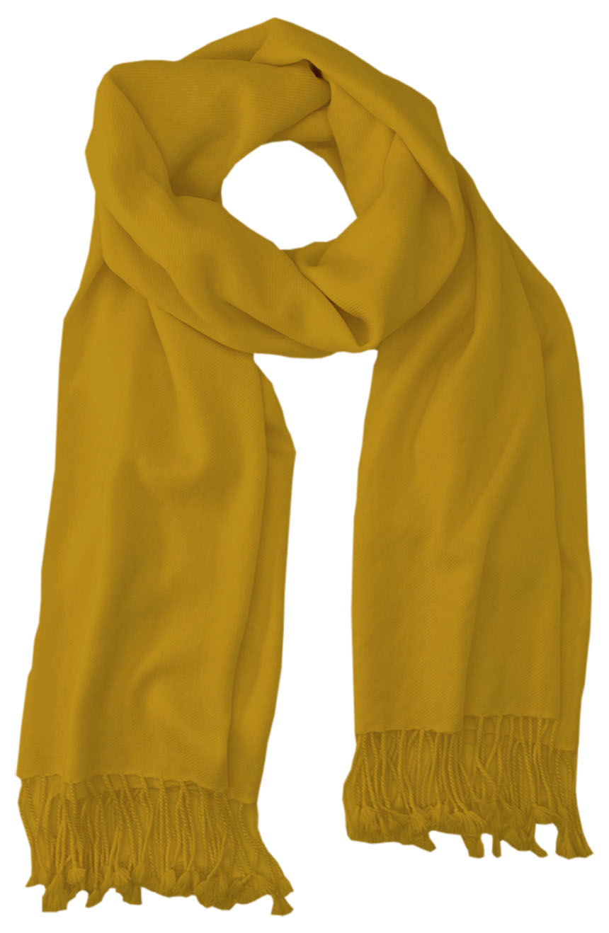 Nugget Gold cashmere pashmina and silk blend full-size shawl in single-ply twill weave with 3 inches tassel. 