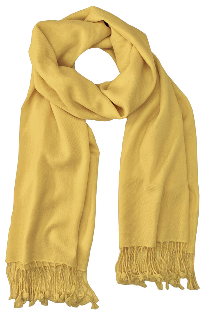 Butterscotch cashmere pashmina and silk blend full-size shawl in single-ply twill weave with 3 inches tassel. 
