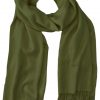 Olive cashmere pashmina and silk blend full-size shawl in single-ply twill weave with 3 inches tassel.
