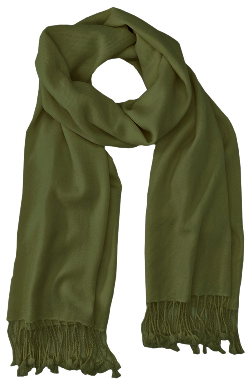 Olive cashmere pashmina and silk blend full-size shawl in single-ply twill weave with 3 inches tassel. 