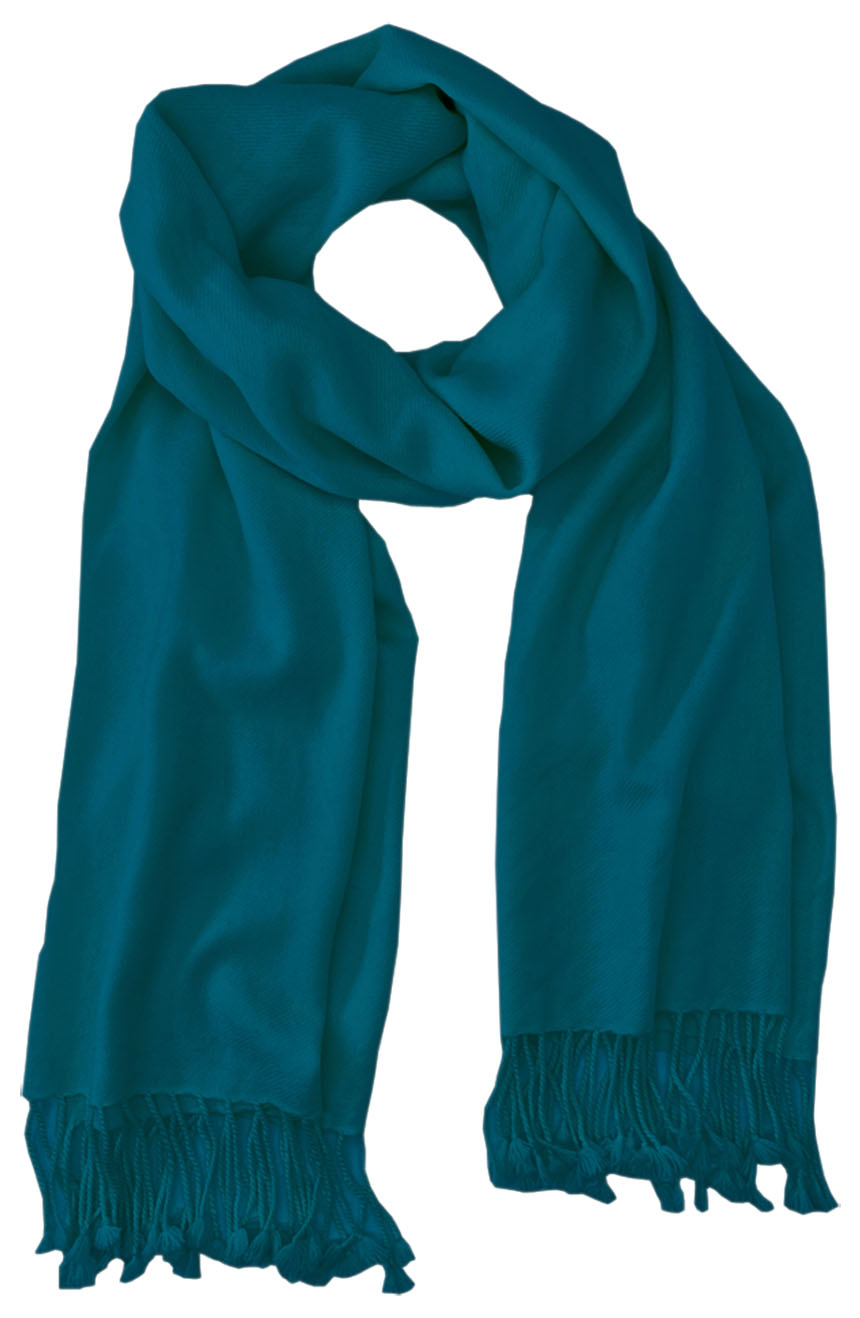 Blue Teal cashmere pashmina and silk blend full-size shawl in single-ply twill weave with 3 inches tassel. 