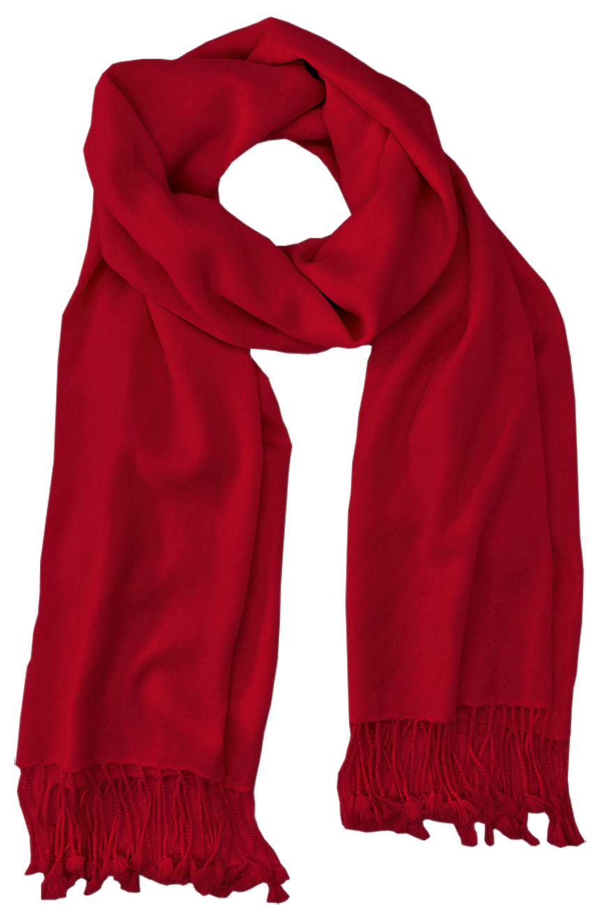Scarlet  cashmere pashmina and silk blend full-size shawl in single-ply twill weave with 3 inches tassel. 