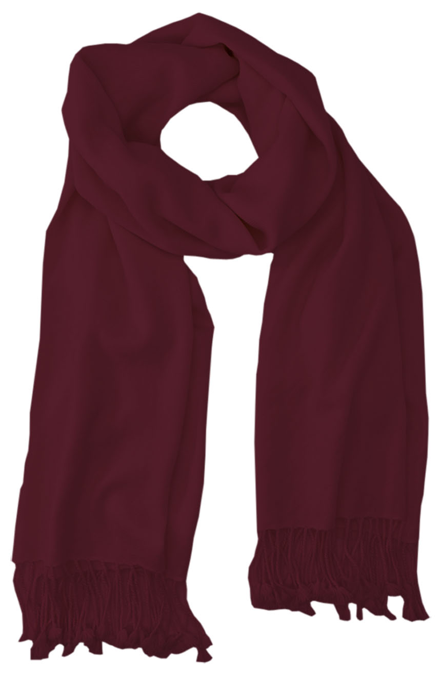 Burgundy cashmere pashmina and silk blend full-size shawl in single-ply twill weave with 3 inches tassel. 