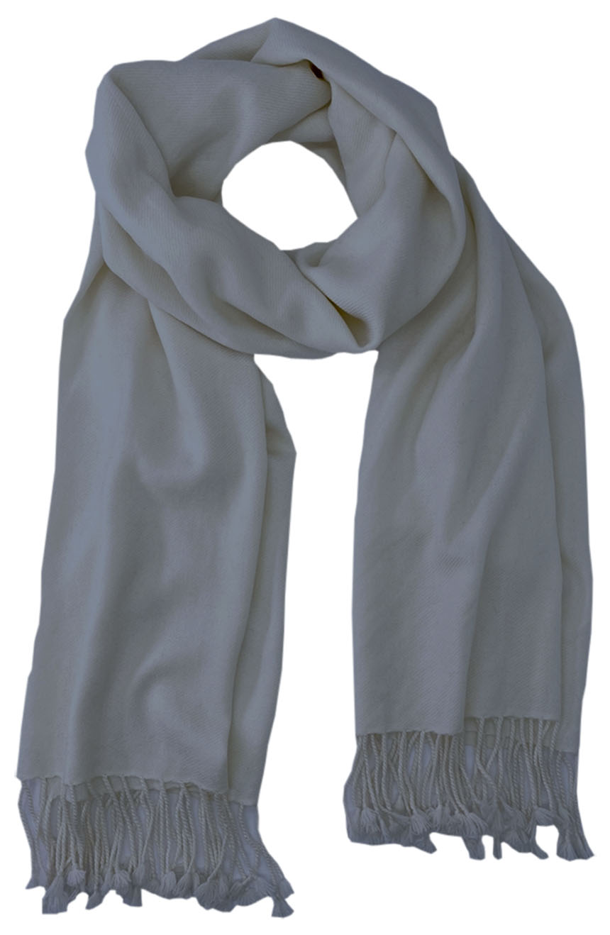 Silver grey cashmere pashmina and silk blend full-size shawl in single-ply twill weave with 3 inches tassel. 