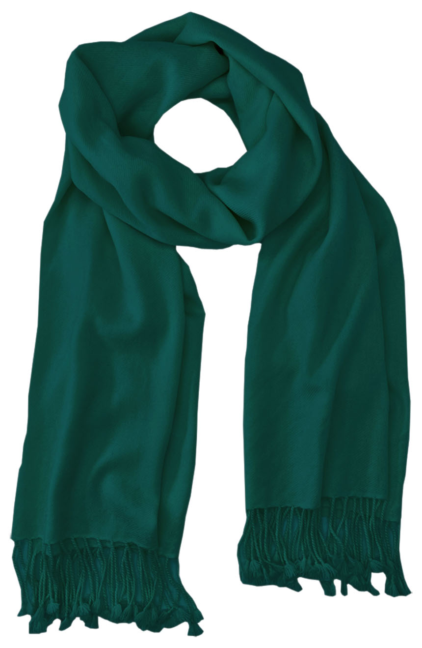 Green Teal cashmere pashmina and silk blend full-size shawl in single-ply twill weave with 3 inches tassel. 