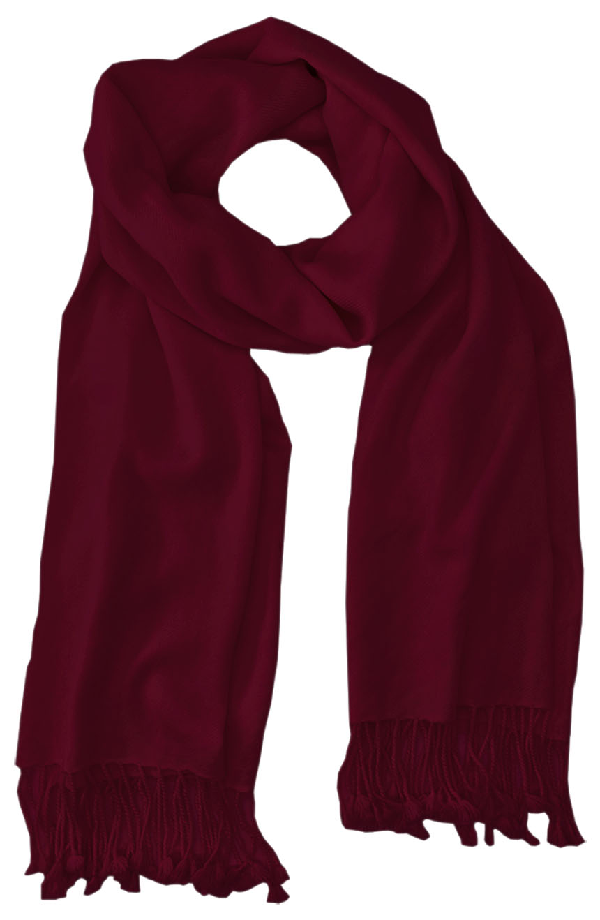 Dark Burgundy cashmere pashmina and silk blend full-size shawl in single-ply twill weave with 3 inches tassel. 