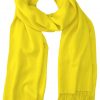 Yellow cashmere pashmina and silk blend full-size shawl in single-ply twill weave with 3 inches tassel.
