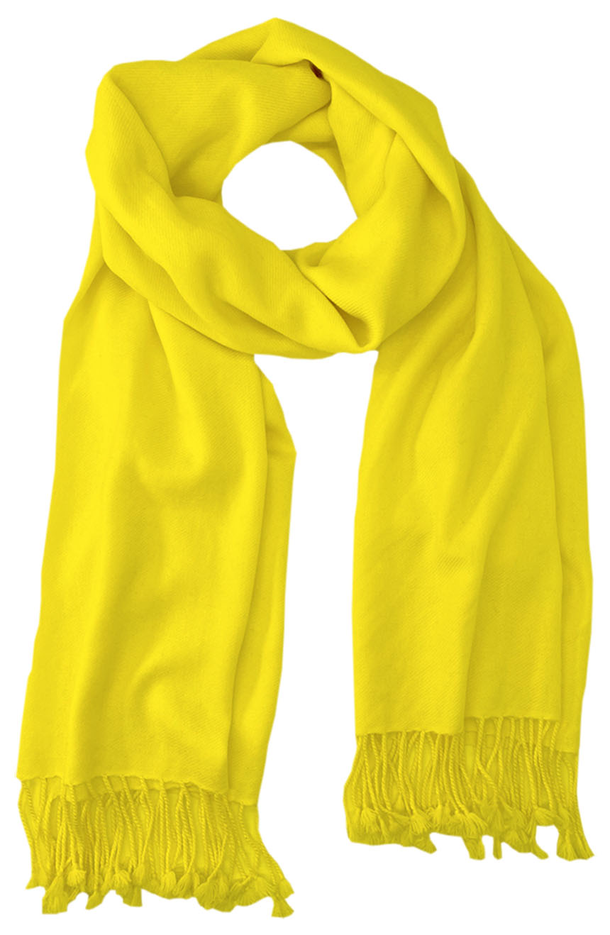 Yellow cashmere pashmina and silk blend full-size shawl in single-ply twill weave with 3 inches tassel. 