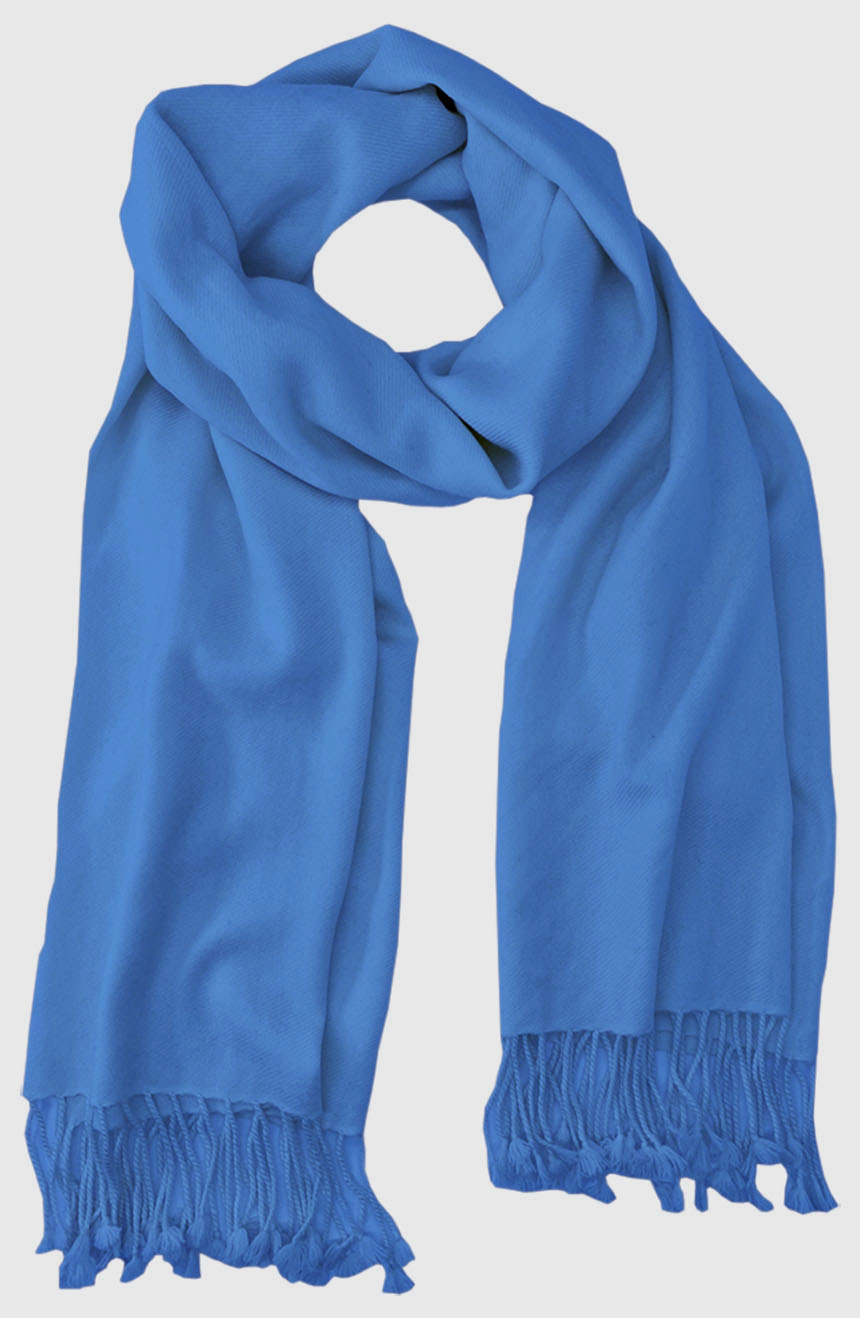 Blue cashmere pashmina and silk blend full-size shawl in single-ply twill weave with 3 inches tassel. 