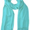 Celeste blue cashmere pashmina and silk blend full-size shawl in single-ply twill weave with 3 inches tassel.