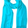 Turquoise cashmere pashmina and silk blend full-size shawl in single-ply twill weave with 3 inches tassel.
