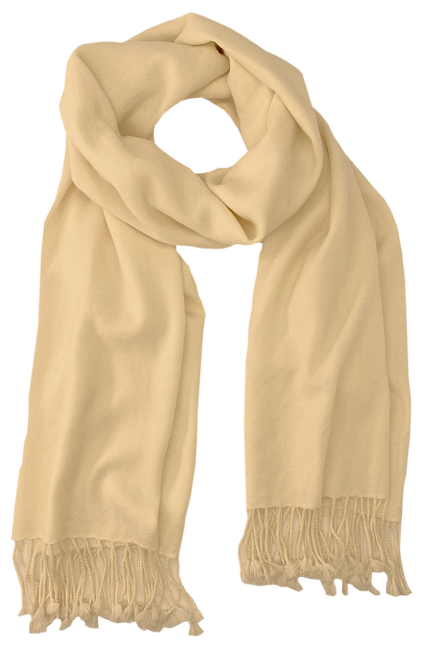 Wheat cashmere pashmina and silk blend full-size shawl in single-ply twill weave with 3 inches tassel. 
