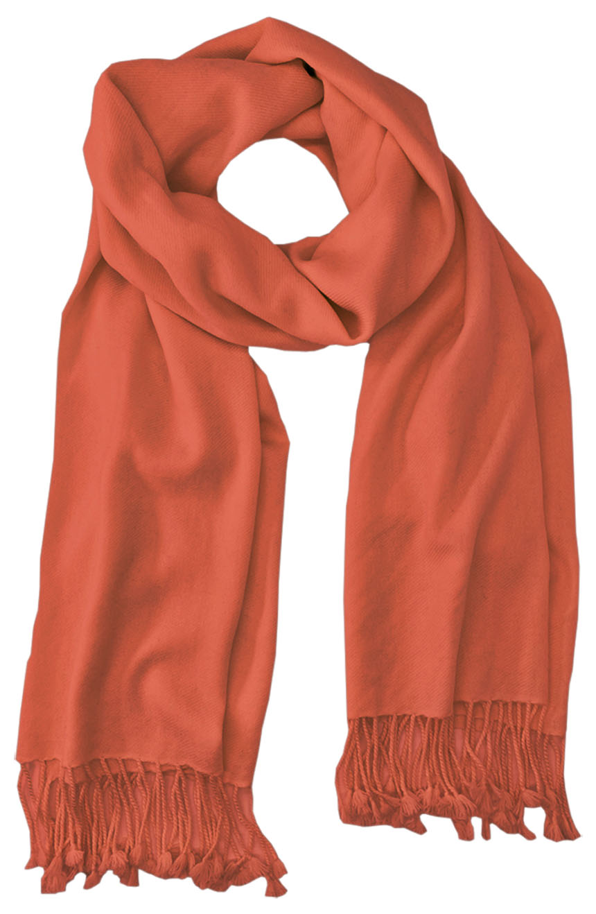 Peppermint Orange cashmere pashmina and silk blend full-size shawl in single-ply twill weave with 3 inches tassel. 