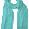 Aquamarine cashmere pashmina and silk blend full-size shawl in single-ply twill weave with 3 inches tassel.