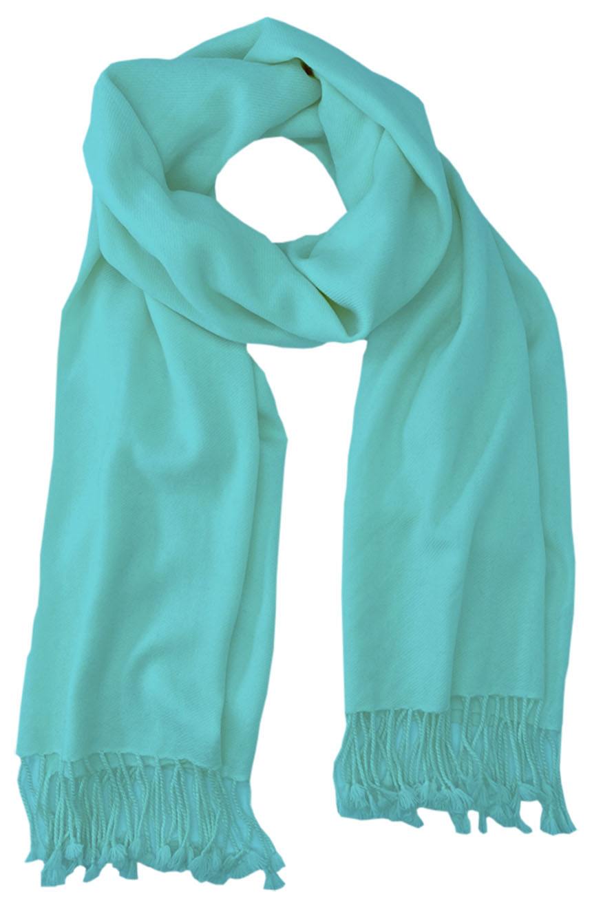 Aquamarine cashmere pashmina and silk blend full-size shawl in single-ply twill weave with 3 inches tassel. 