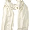 Off White cashmere pashmina and silk blend full-size shawl in single-ply twill weave with 3 inches tassel.