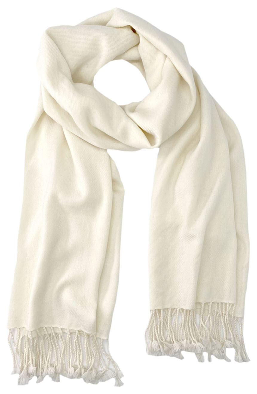 Off White cashmere pashmina and silk blend full-size shawl in single-ply twill weave with 3 inches tassel. 