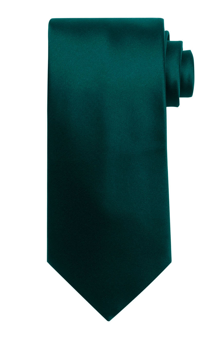 Mens handmade satin silk necktie in solid emerald color.