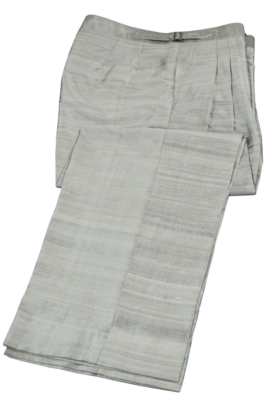 Mens fashion suit pants tailored fit in pure silver silk front view.
