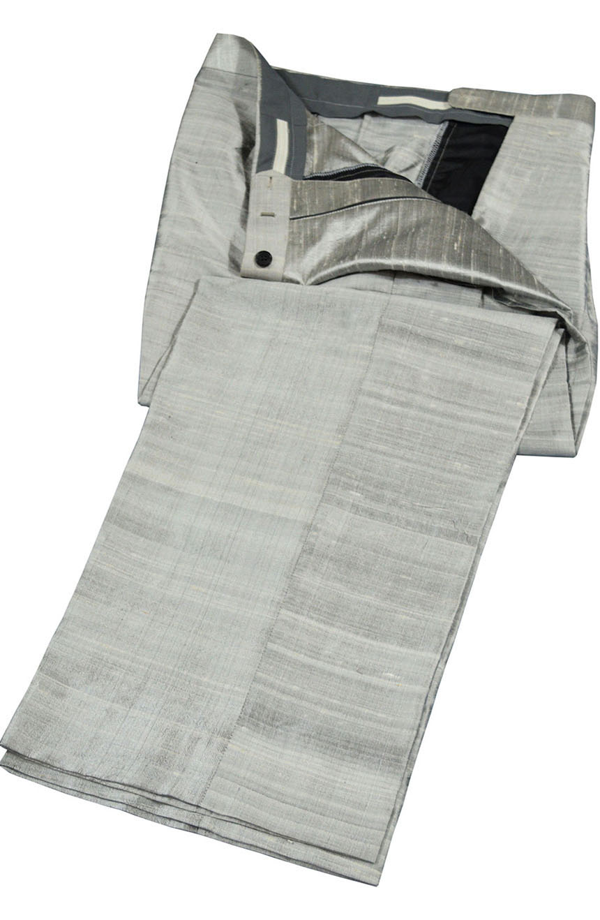 Mens fashion suit pants tailored fit in pure silver silk interior view.