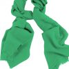 Mens 100% cashmere scarf in eucalyptus green, single-ply with 1-inch eyelash fringe.