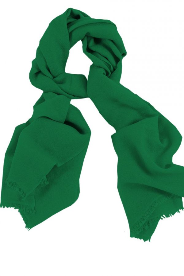 Mens 100% cashmere scarf in hunter green, single-ply with 1-inch eyelash fringe.