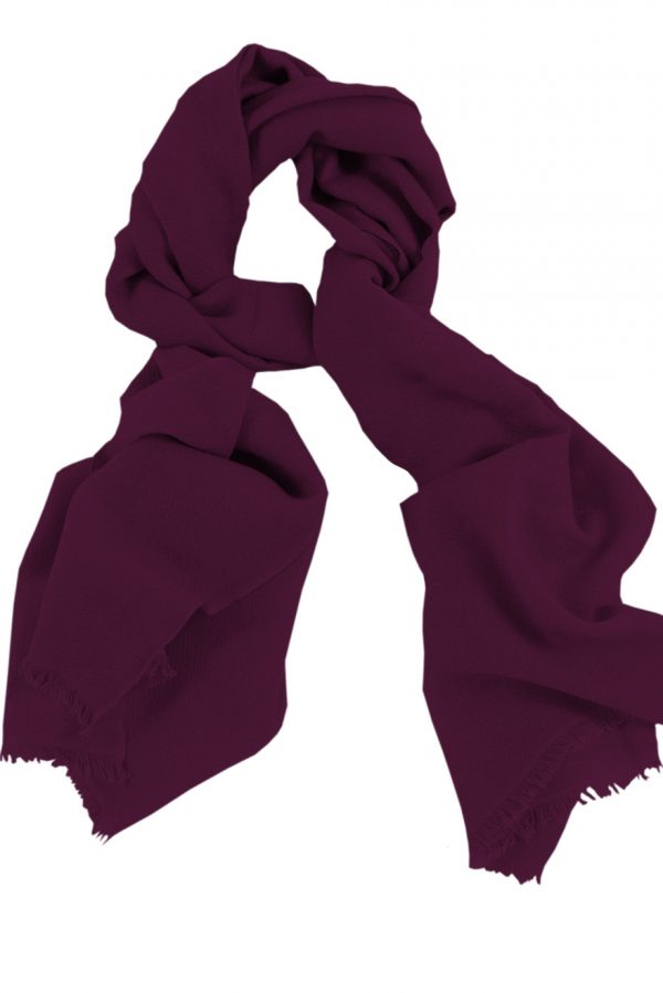 Mens 100% cashmere scarf in wine berry, single-ply with 1-inch eyelash fringe.