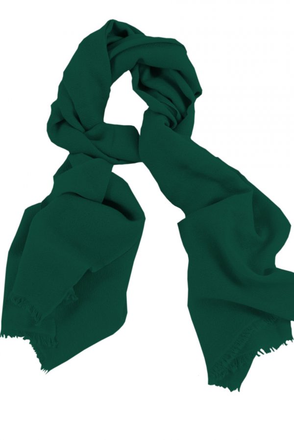 Mens 100% cashmere scarf in Sacramento green, single-ply with 1-inch eyelash fringe.