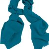 Mens 100% cashmere scarf in blue teal, single-ply with 1-inch eyelash fringe.