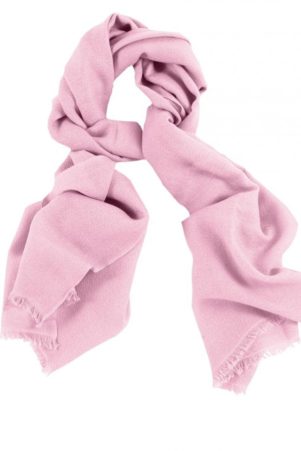 Mens 100% cashmere scarf in baby pink, single-ply with 1-inch eyelash fringe.