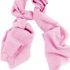 Mens 100% cashmere scarf in pastel pink, single-ply with 1-inch eyelash fringe.