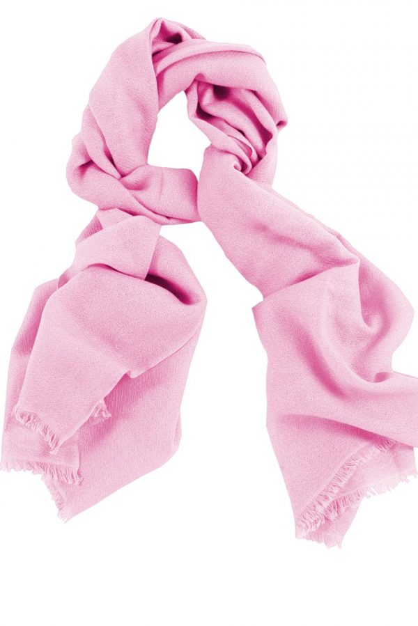 Mens 100% cashmere scarf in pastel pink, single-ply with 1-inch eyelash fringe.