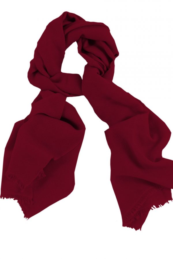 Mens 100% cashmere scarf in garnet, single-ply with 1-inch eyelash fringe.